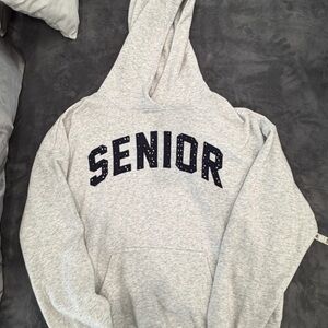 Hollister Light Gray 'SENIOR' Pullover Hoodie with Navy Lettering